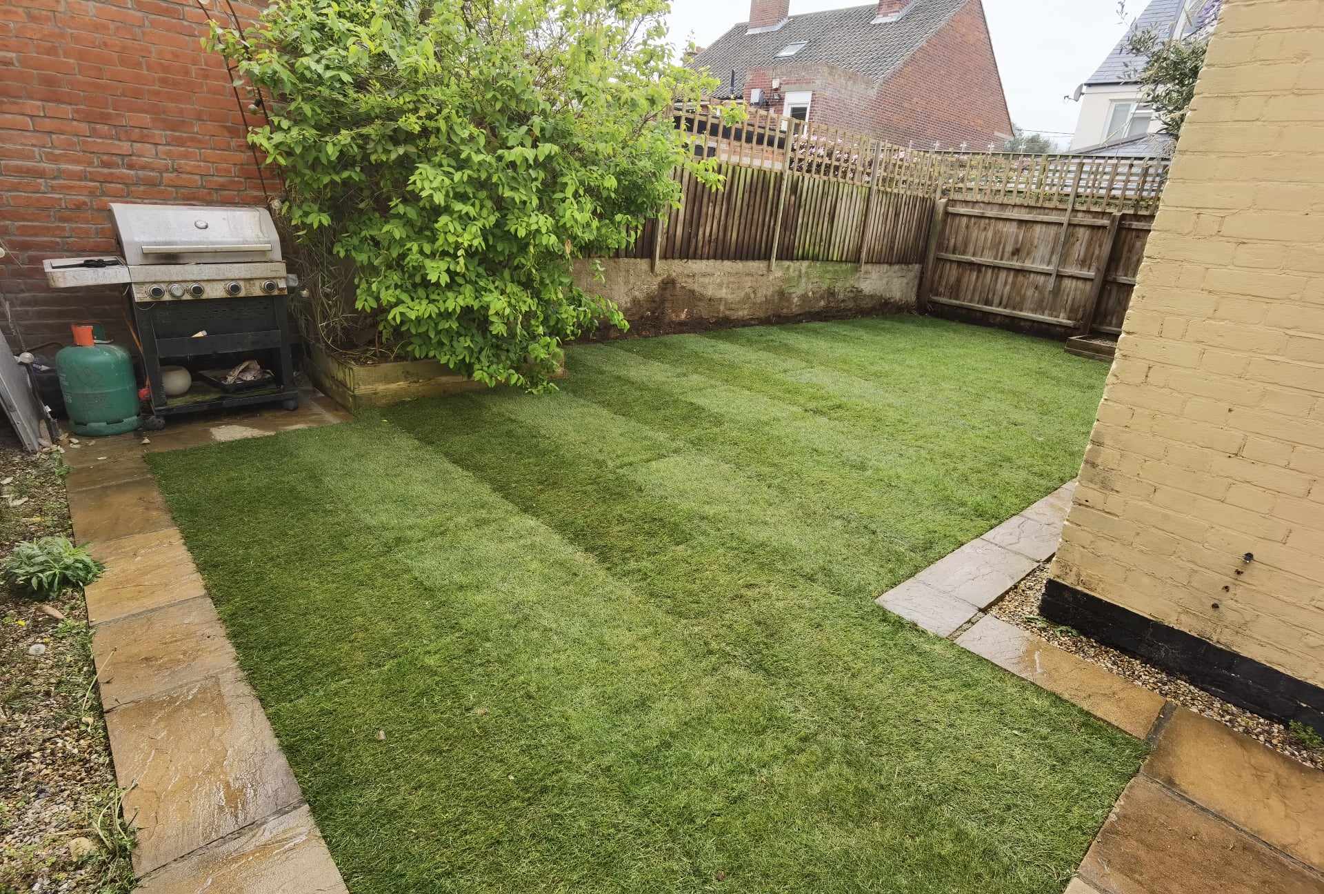 Artificial grass installation Suffolk — Synthetic turf lawn with visible seam lines and uniform appearance