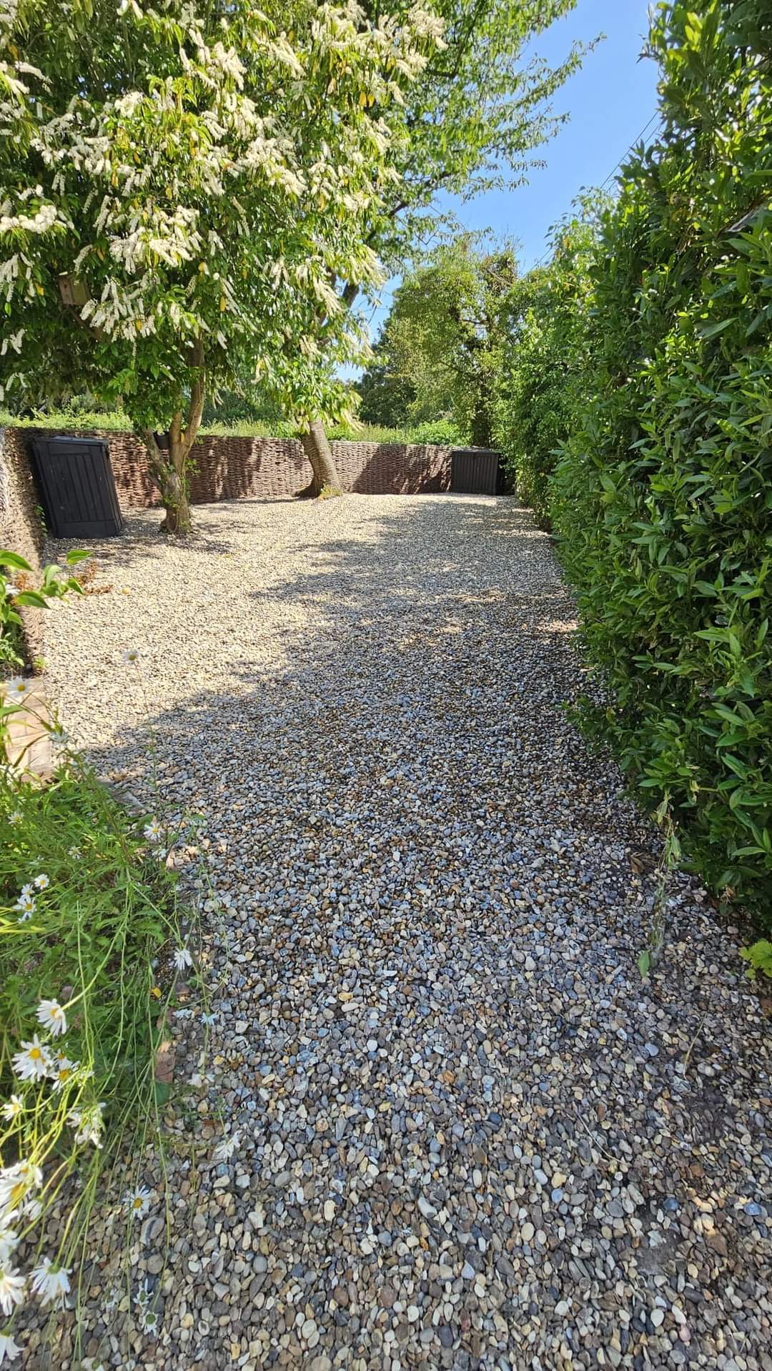 Driveway installation Suffolk — Gravel driveway with brick walls and mature trees lining pathway