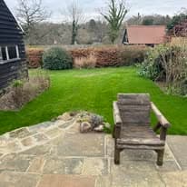 Garden landscaping project Suffolk — Finished garden overview with patio, lawn, and landscaping features