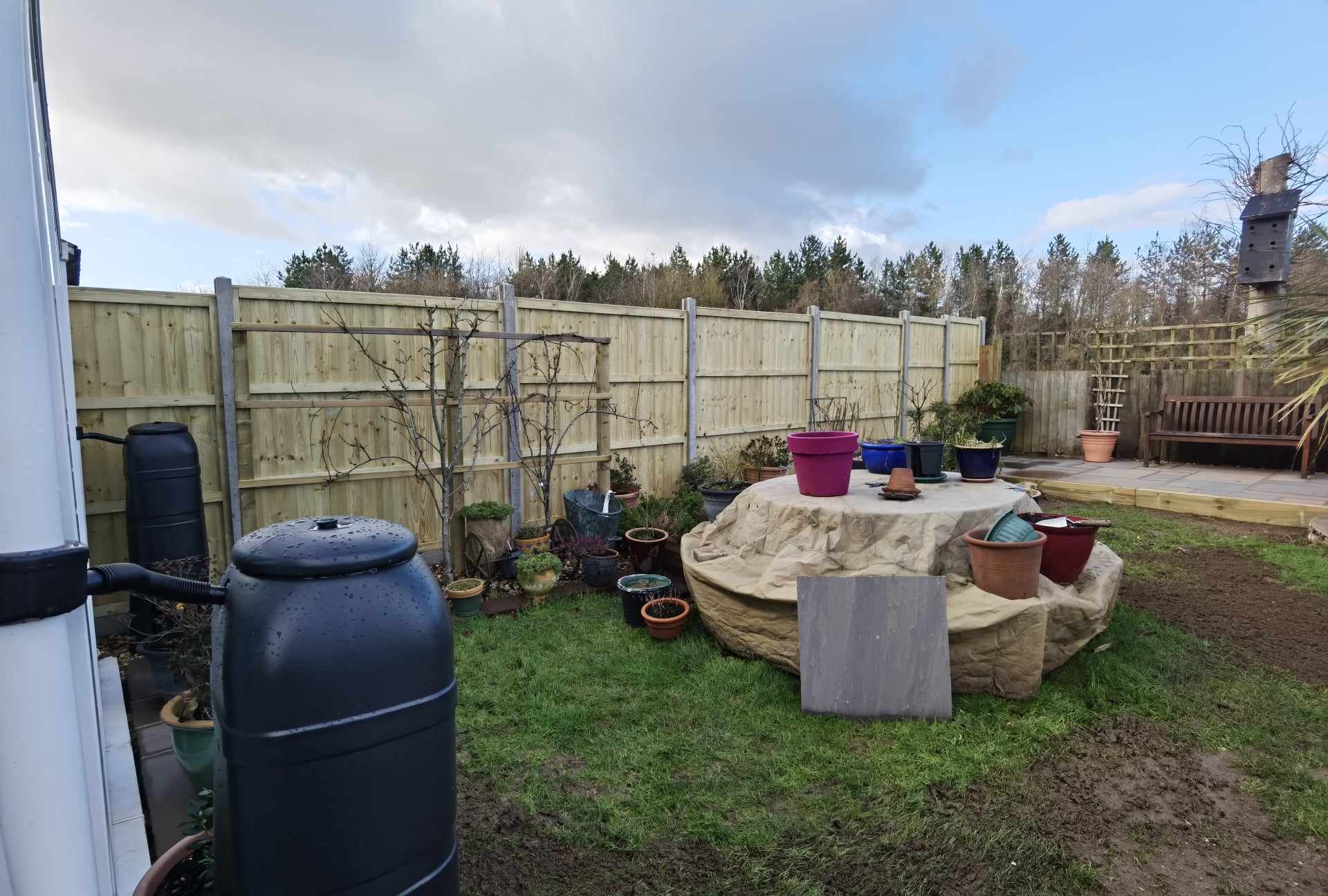 Garden landscaping project Suffolk — Wide garden overview showing multiple features and landscaping elements
