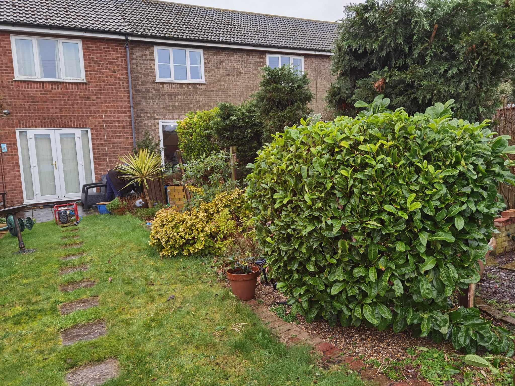 Garden landscaping project Suffolk — Wide garden view showing turf, hedges, borders, and landscaping features