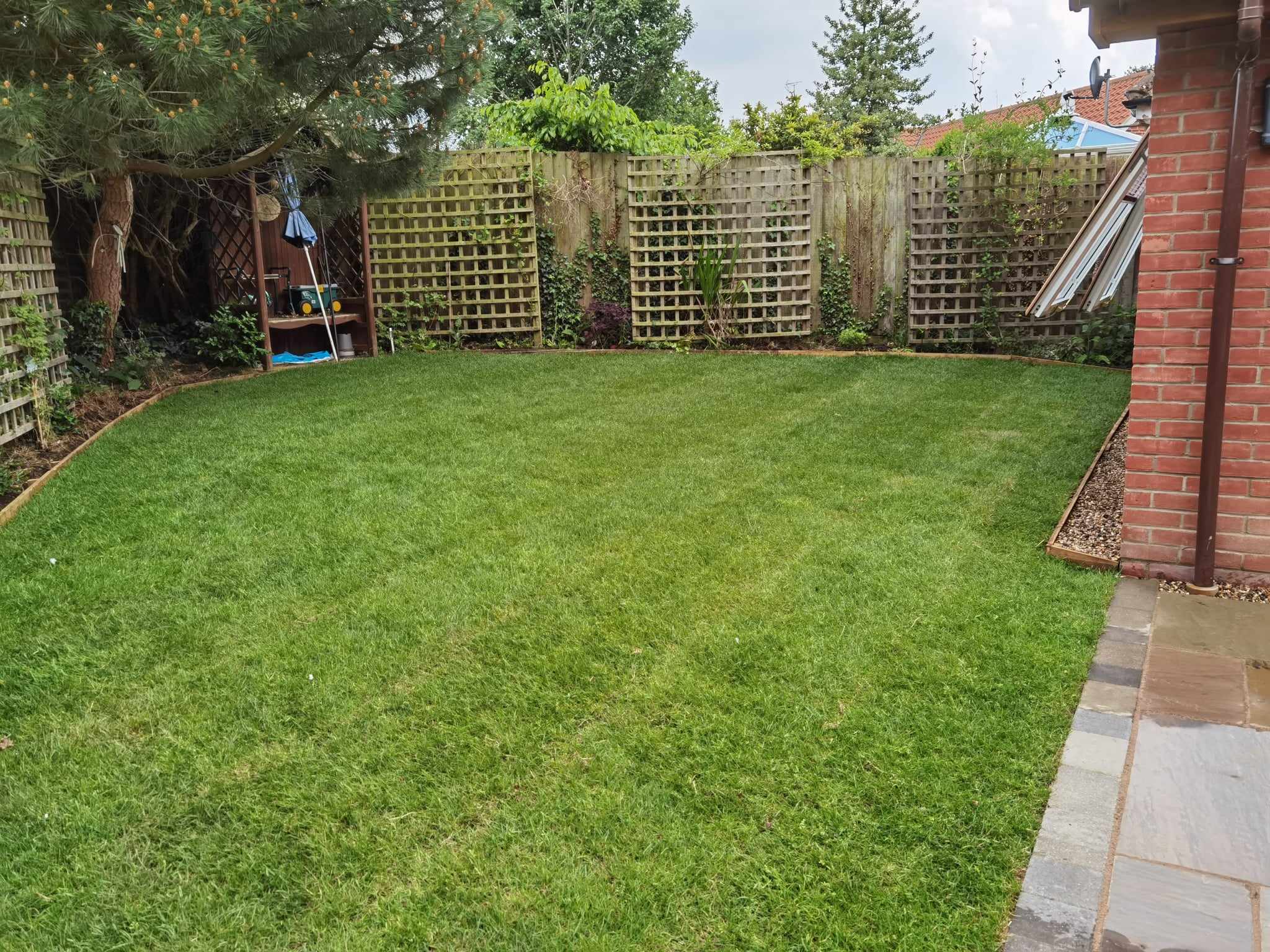 Turfing & lawn Suffolk — Well-maintained real grass lawn with patio edging and fencing