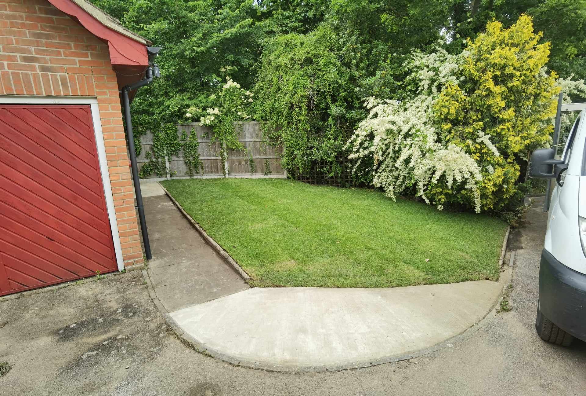 Turfing & lawn Suffolk — Well-maintained green lawn with ornamental shrubs and garden borders