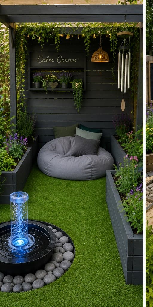 Calm Corner concept render — small contained sensory nook with a dark timber pergola, soft cushioned bean bag retreat, wind chimes, lavender planting in raised beds and a bubble water feature on artificial turf.