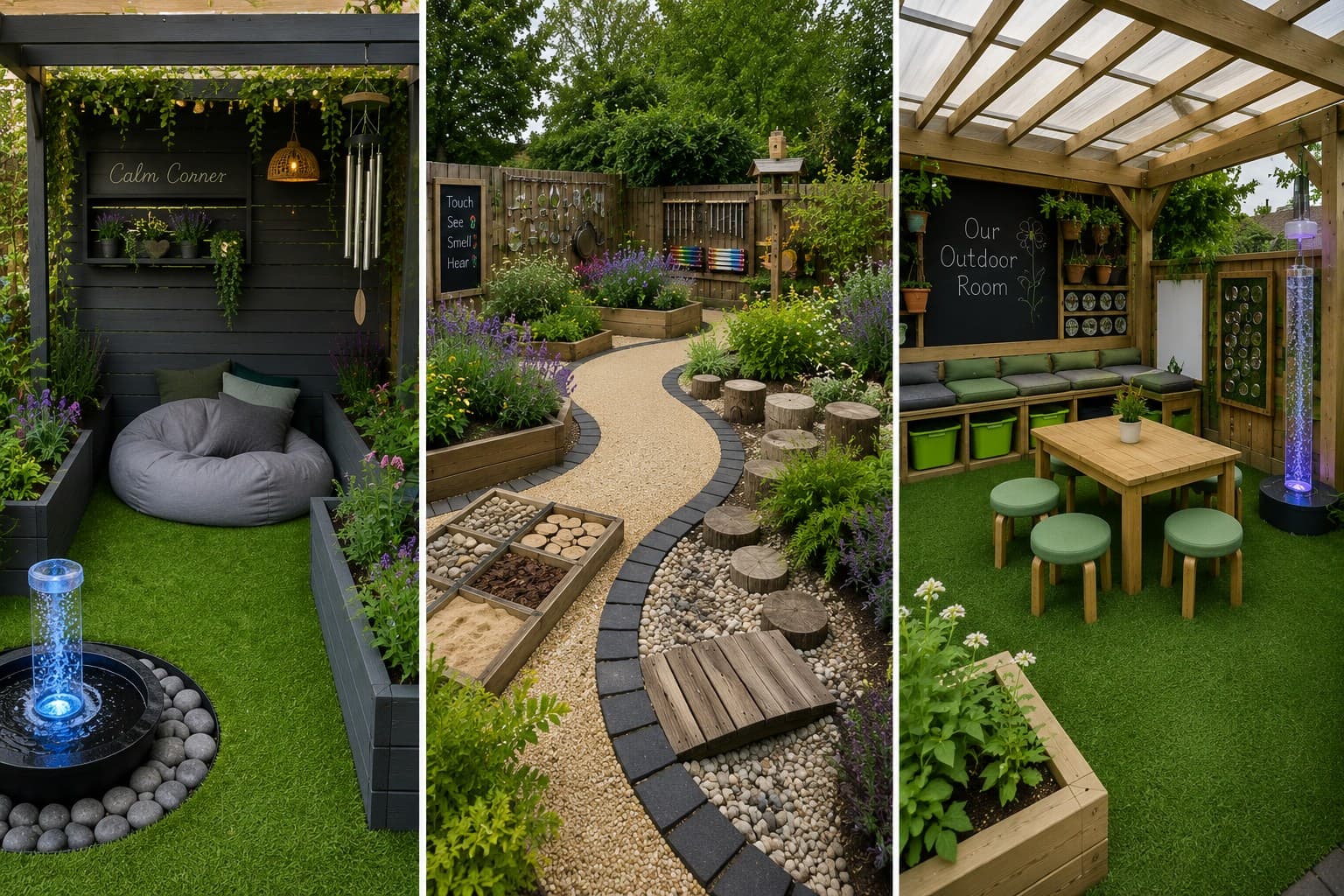 Three Garden Worx sensory garden concept renders side by side β a contained Calm Corner with retreat nook, chimes and water feature; a full sensory garden with tactile sign, balance steppers and scented planting; and an SEN Outdoor Room with covered pergola, chalkboard, bench seating and a sensory bubble tube.