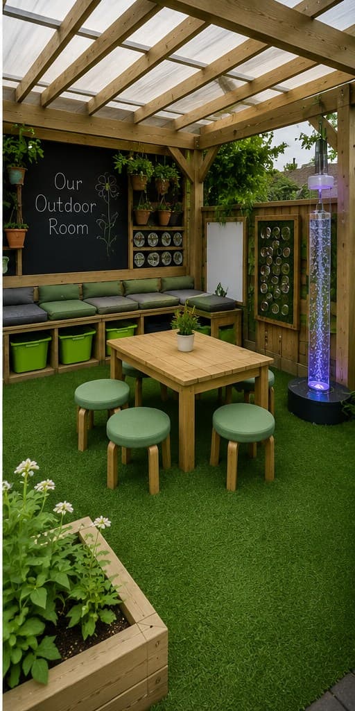 SEN Outdoor Room concept render β covered pergola shelter with chalkboard wall, padded bench seating, child-height table and stools, sensory bubble tube and raised planting beds.