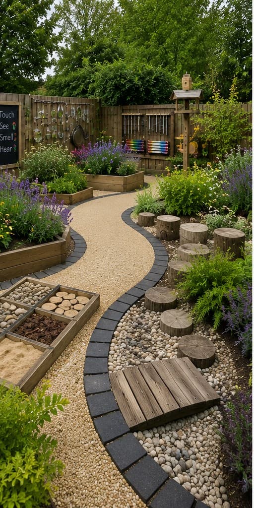 Sensory Garden concept render β winding gravel path with 'Touch See Smell Hear' sign, tactile sensory wall, balance log steppers, scented raised beds with lavender and herbs, and a colour panel.